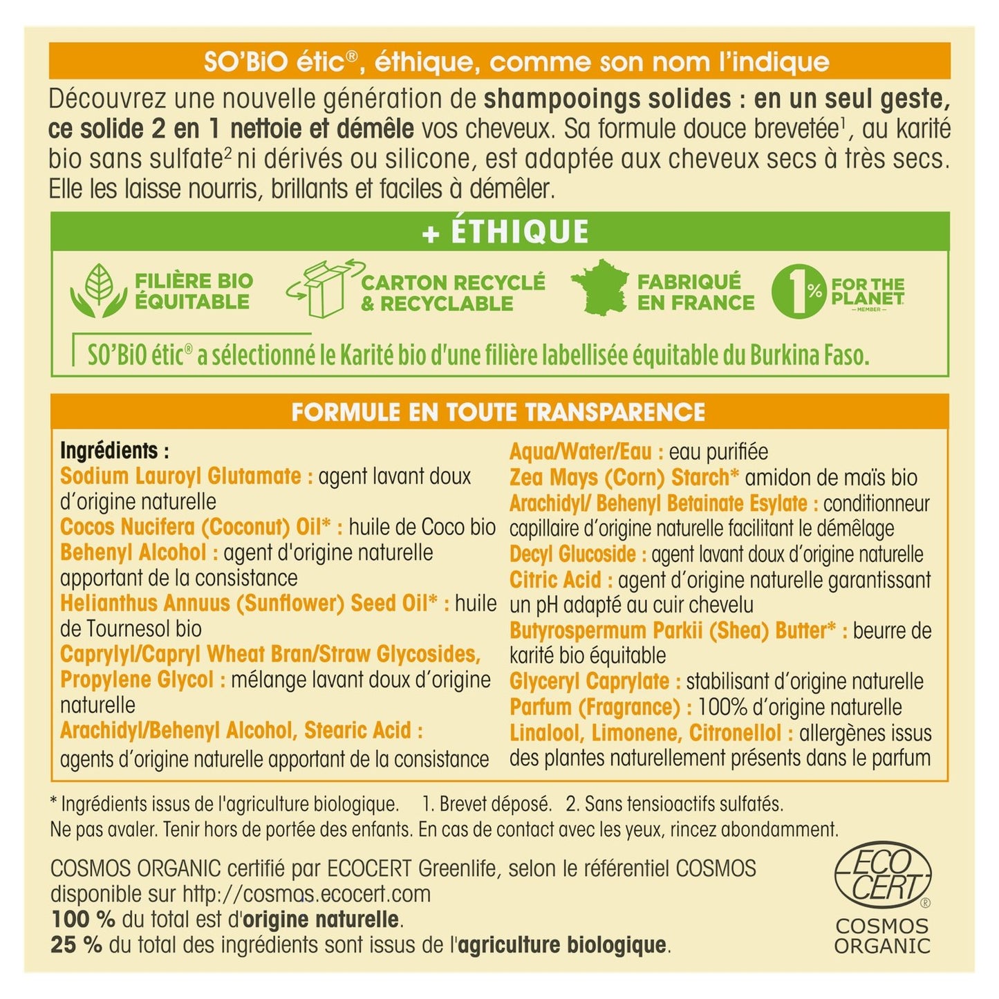 Shampoing Solide Cheveux Secs à Très Secs Karité Bio Démêlant et Silicone SO'BIO ETIC
