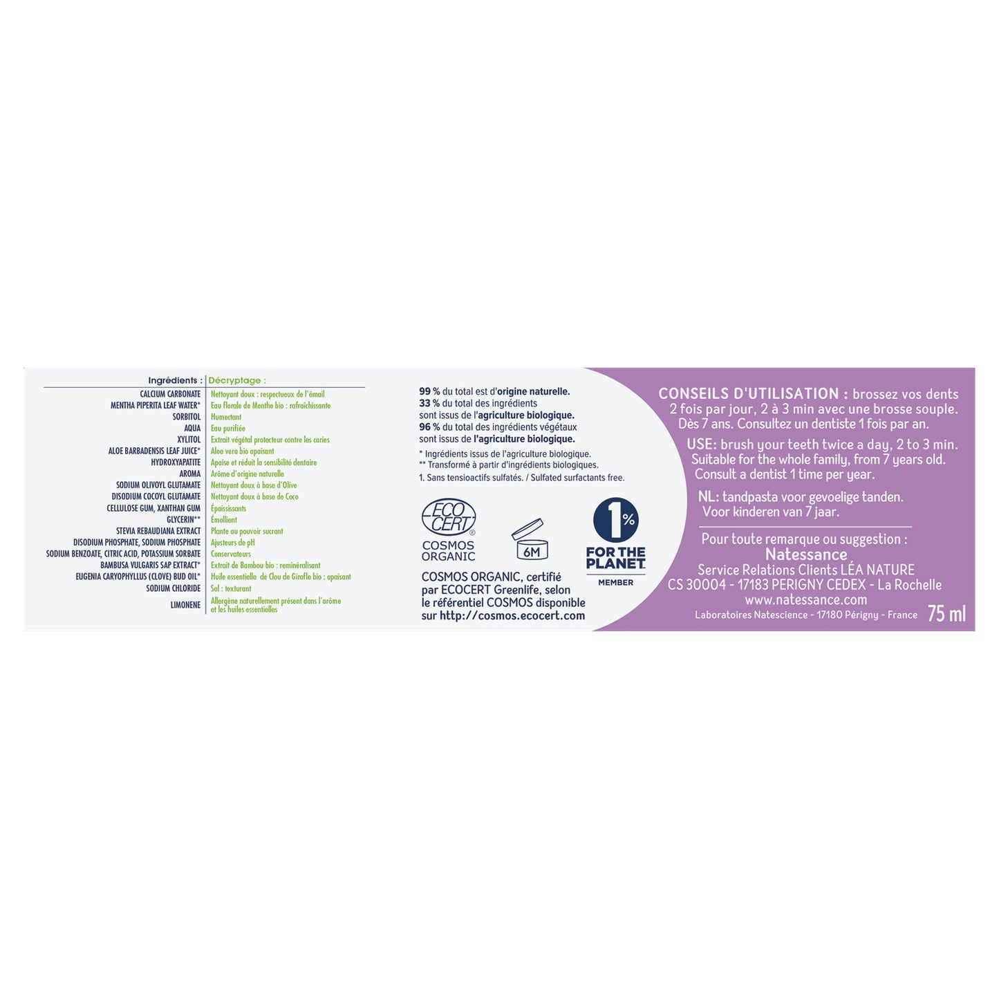 Dentifrice Dents Sensibles Soin Doux Thym et Citron & Jus d'Aloe Vera Bio NATESSANCE