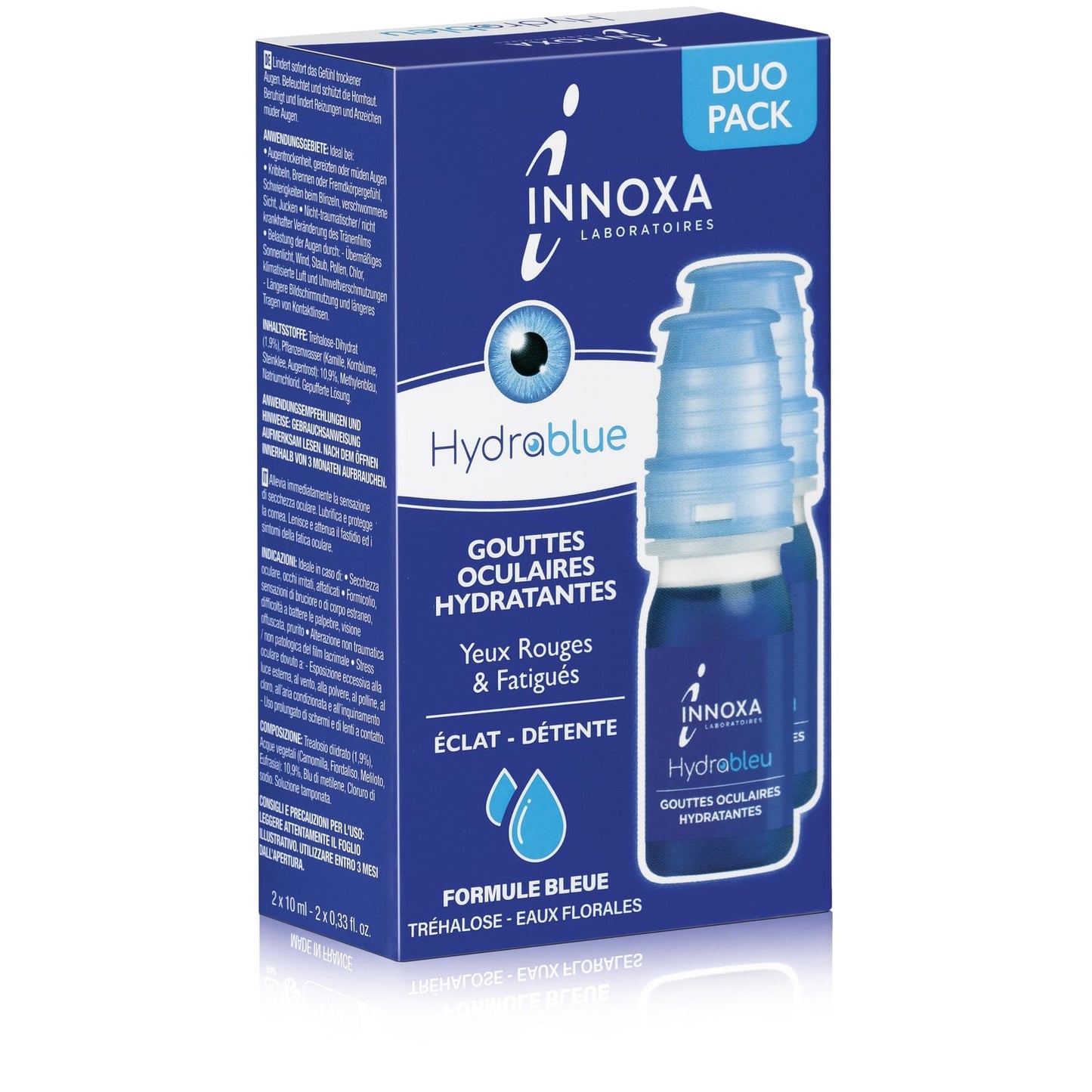 Gouttes occulaires Hydratantes Yeux Rouges et Fatigués Formule Bleue Tréhalose Eaux Florales INNOXA
