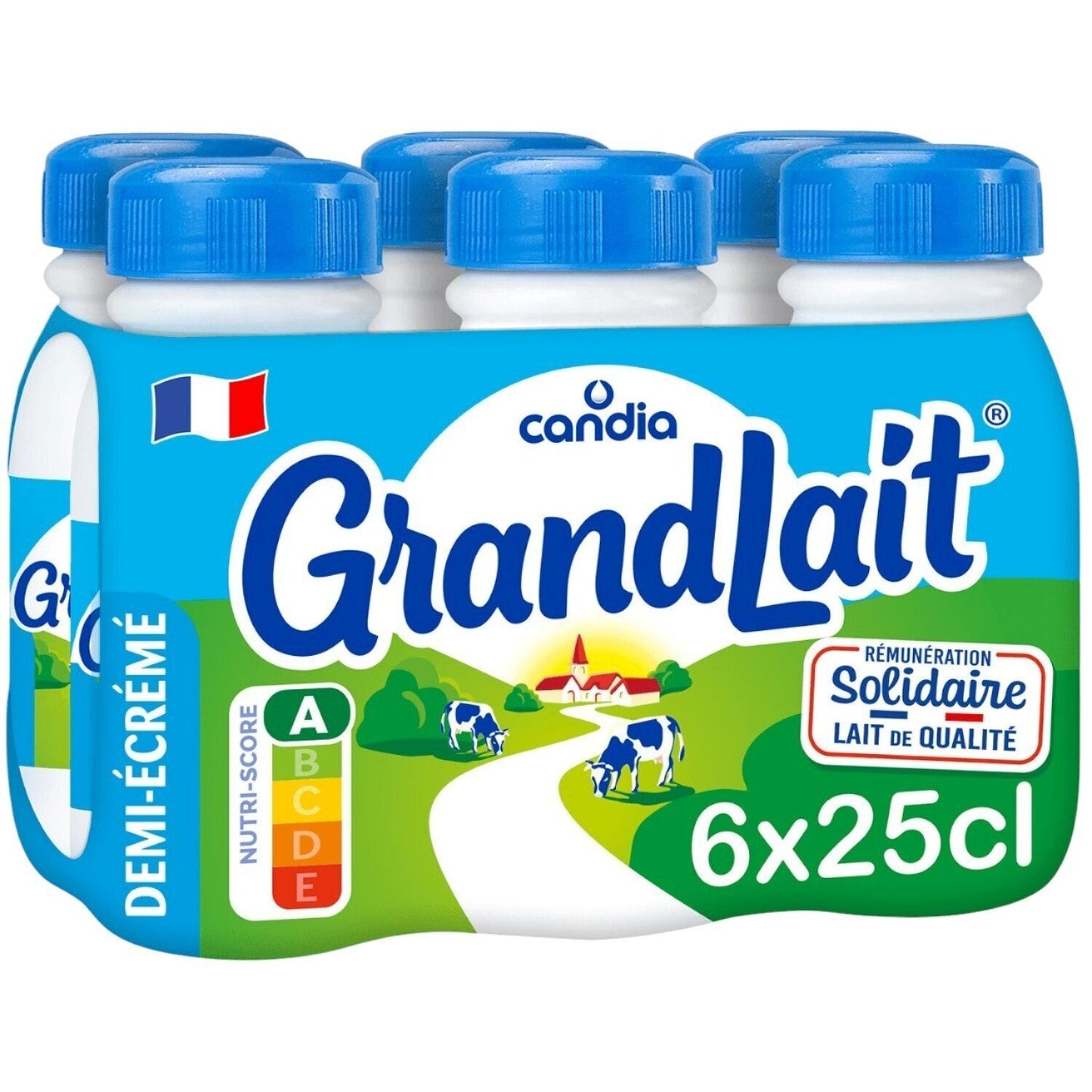 Lait Demi-Écrémé Grandlait CANDIA le pack de 6 bouteilles de 25cL