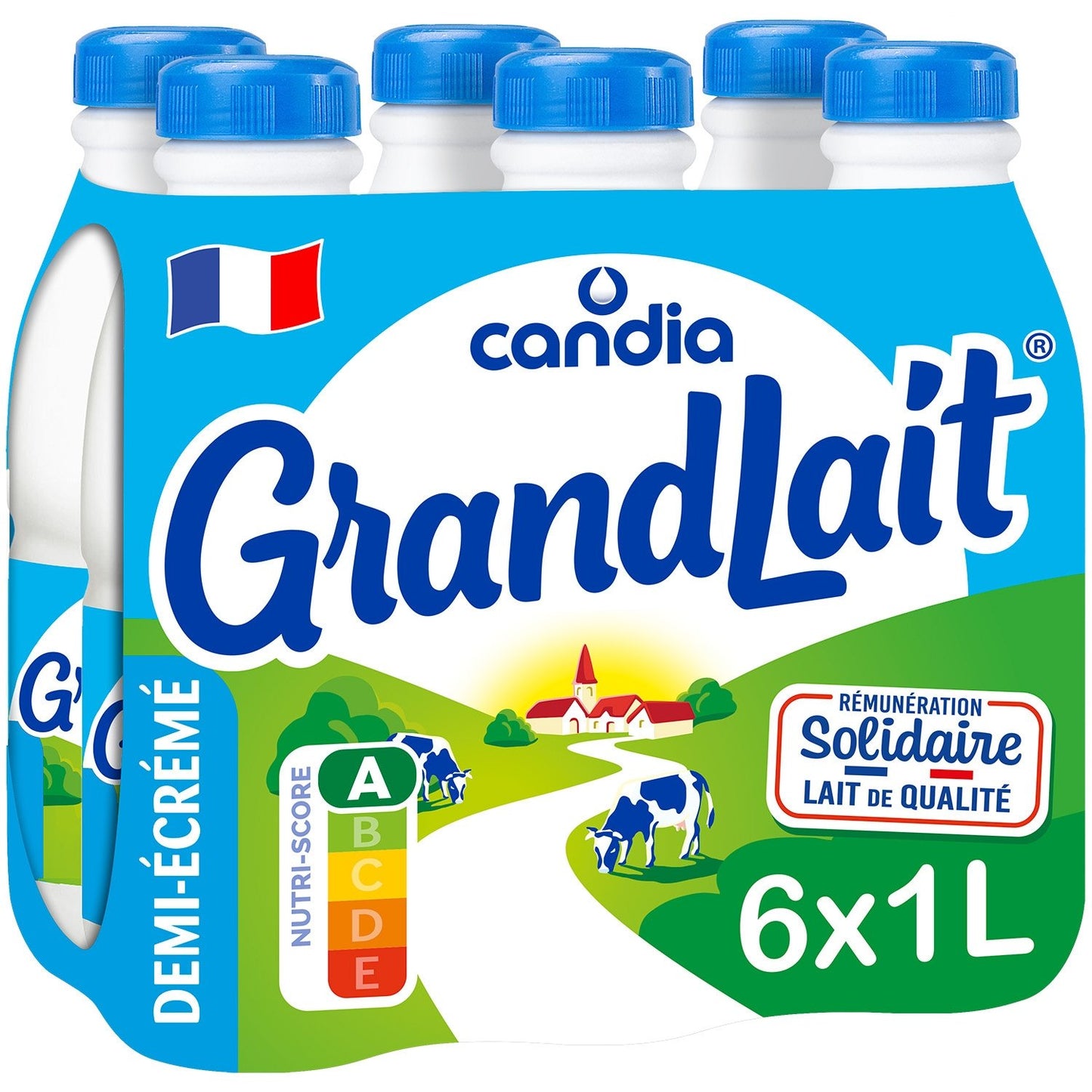 Lait Demi-Écrémé Grandlait CANDIA le pack de 6 bouteilles de 1L