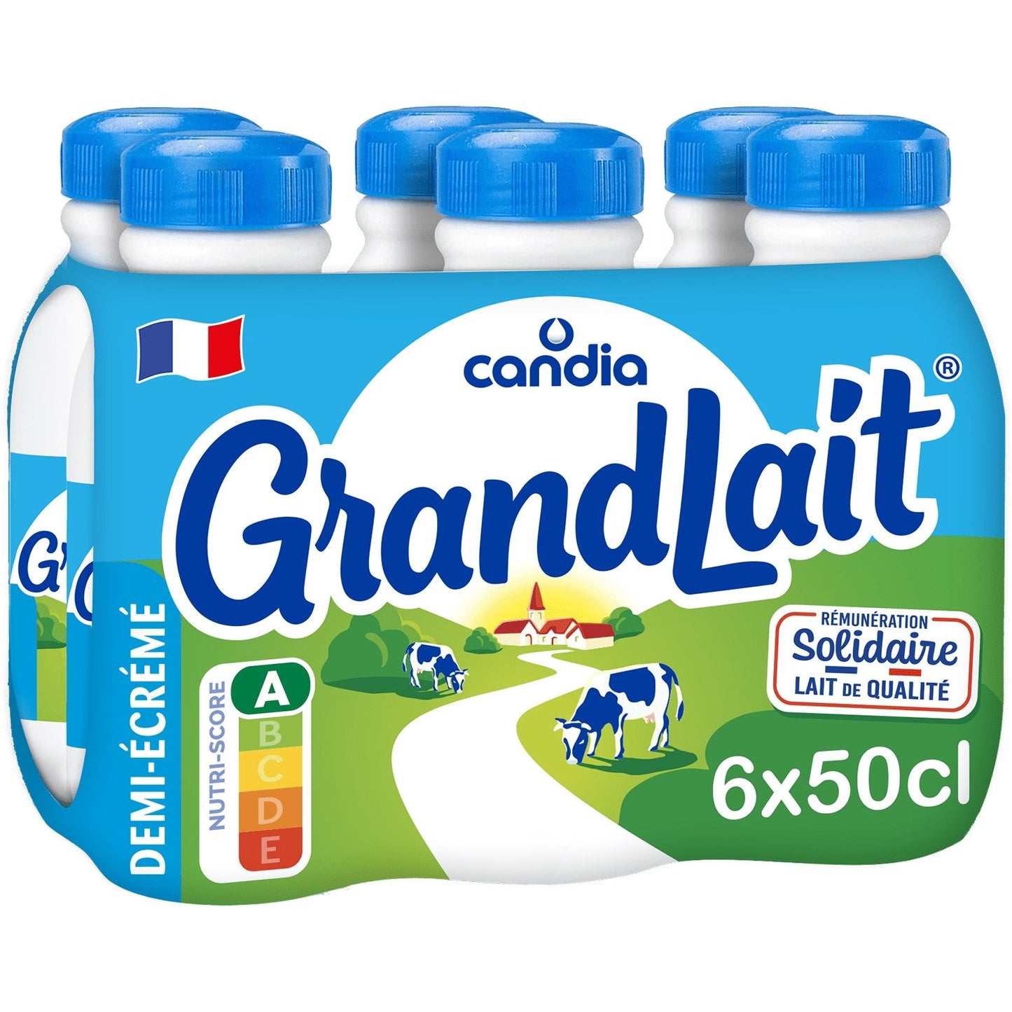 Lait Demi-Écrémé Grandlait CANDIA le pack de 6 bouteilles de 50cL