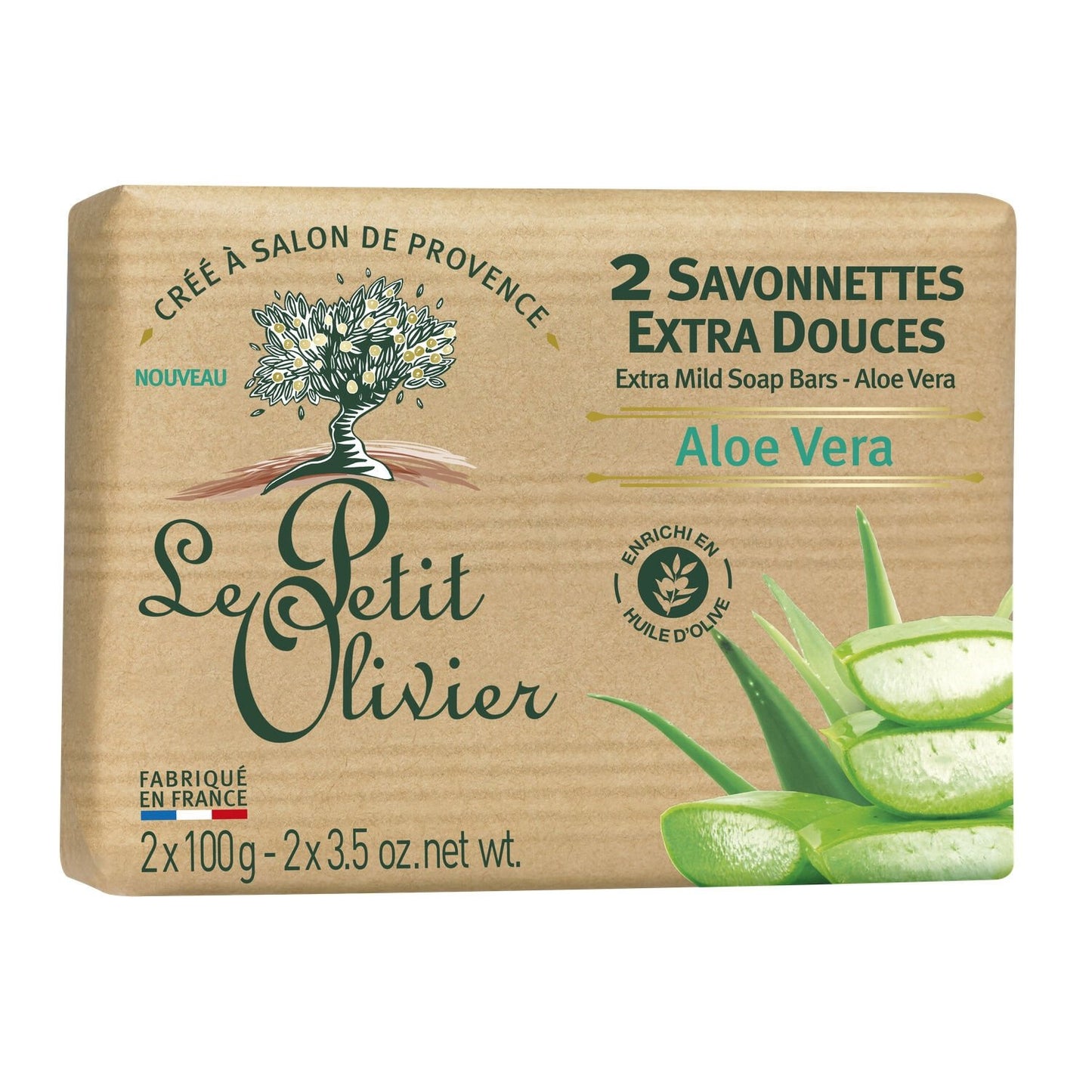 Savon Solide Corps Extra Doux Aloe Vera LE PETIT OLIVIER le lot de 2 savons de 100g