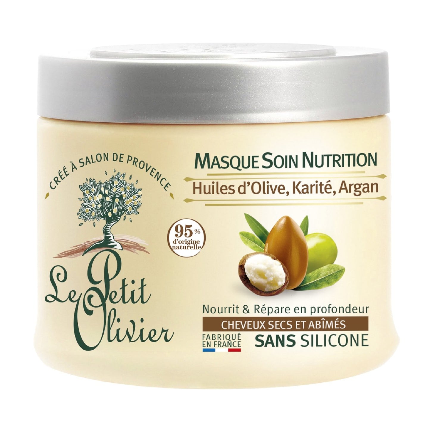 Masque Nourrissant Olive Karité Argan Cheveux Secs et Abîmés LE PETIT OLIVIER le pot de 330mL