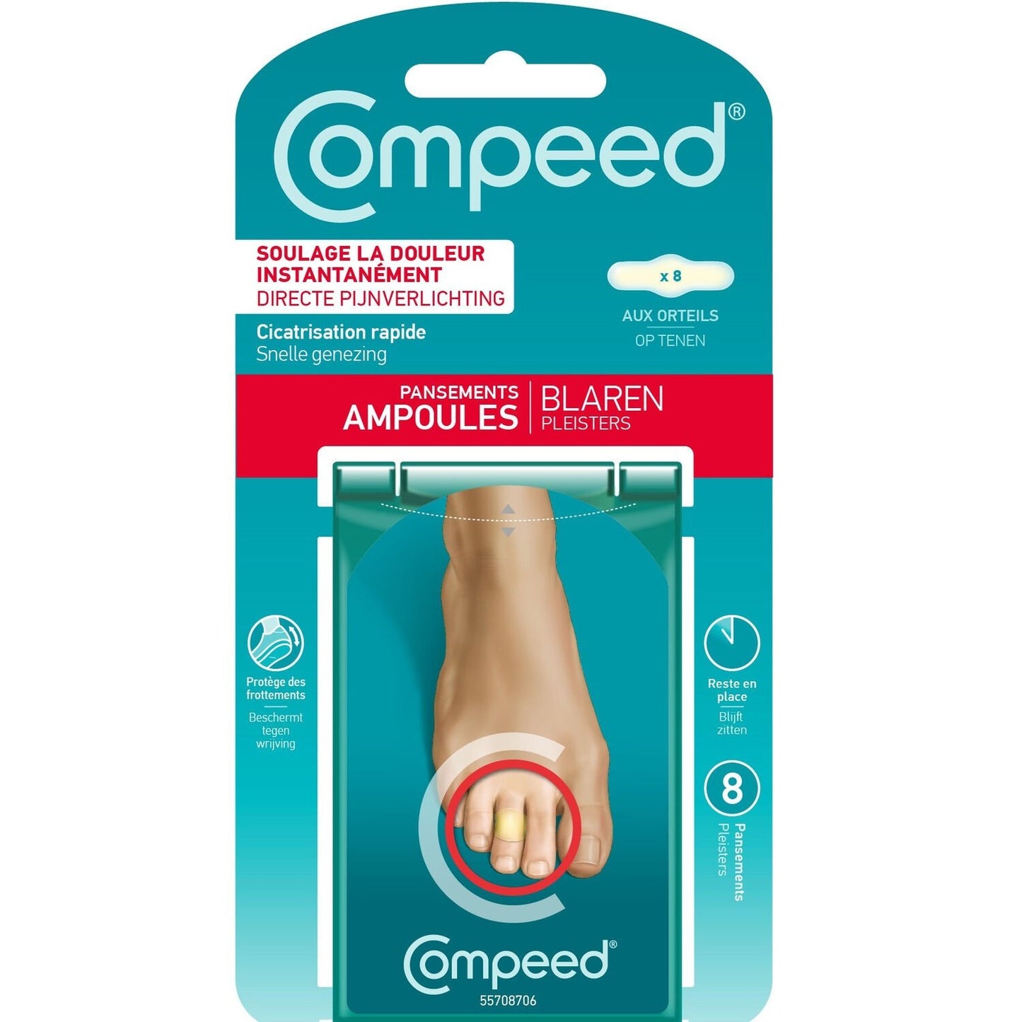 Pansements Ampoules Soulage la Douleur Immédiatement Anti-Frottements Orteils COMPEED les 8 pansements
