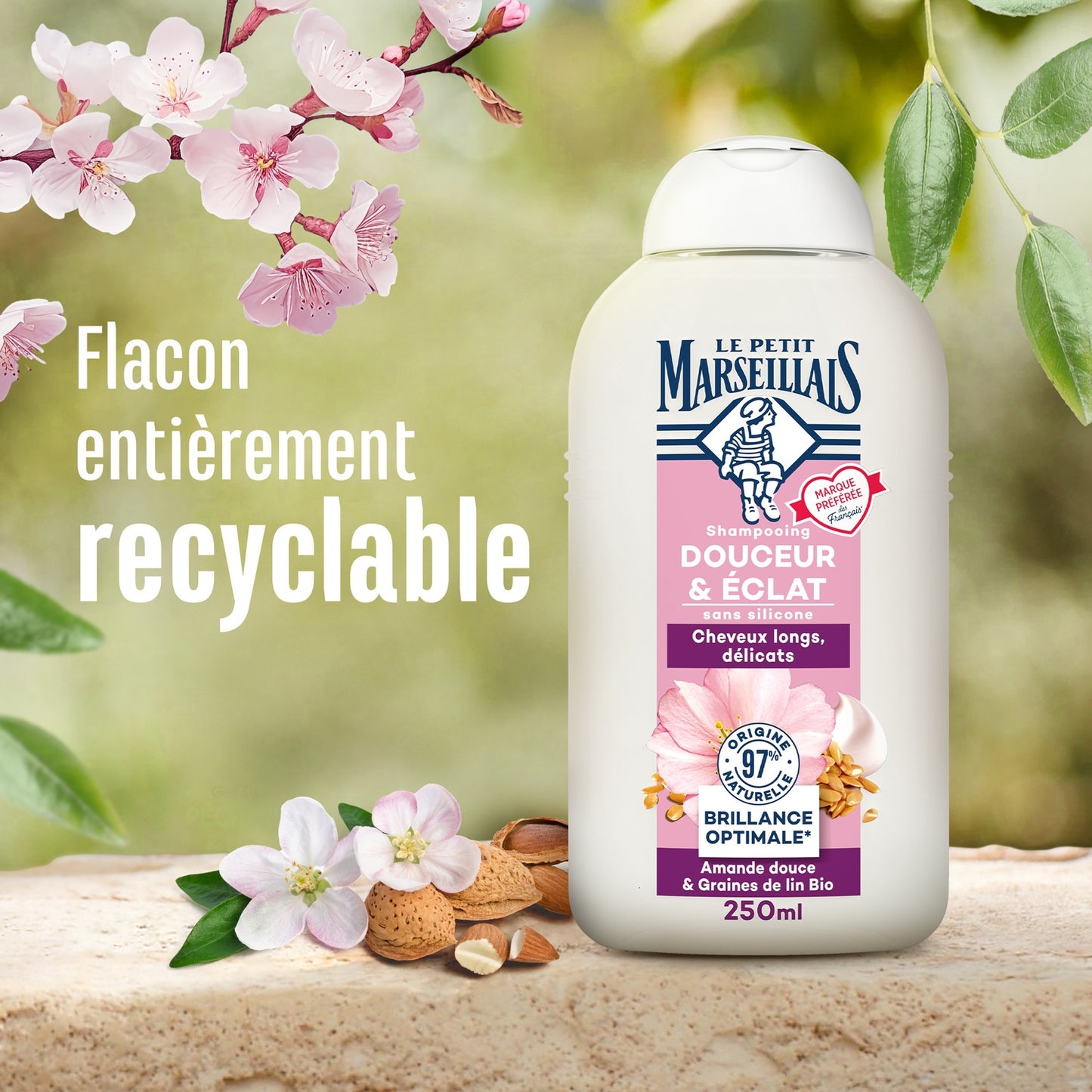 Shampoing Douceur & Éclat Cheveux Longs et Délicats Amande Douce & Graines de Lin Bio LE PETIT MARSEILLAIS