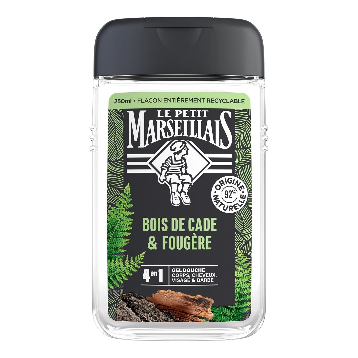Gel Douche Homme Corps Cheveux Visage Barbe 4 en 1 Bois de Cade et Fougère LE PETIT MARSEILLAIS le flacon de 250mL