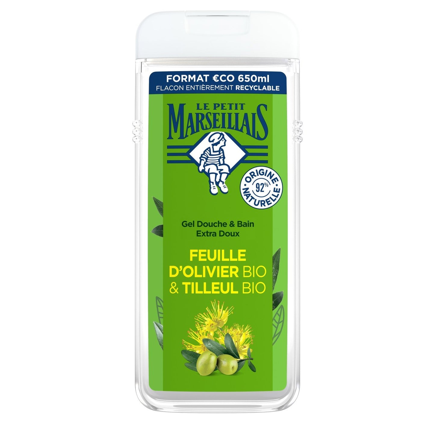 Gel Douche Hydratant Rafraîchissant Feuille d'Olivier et Tilleul Bio LE PETIT MARSEILLAIS le flacon de 650mL