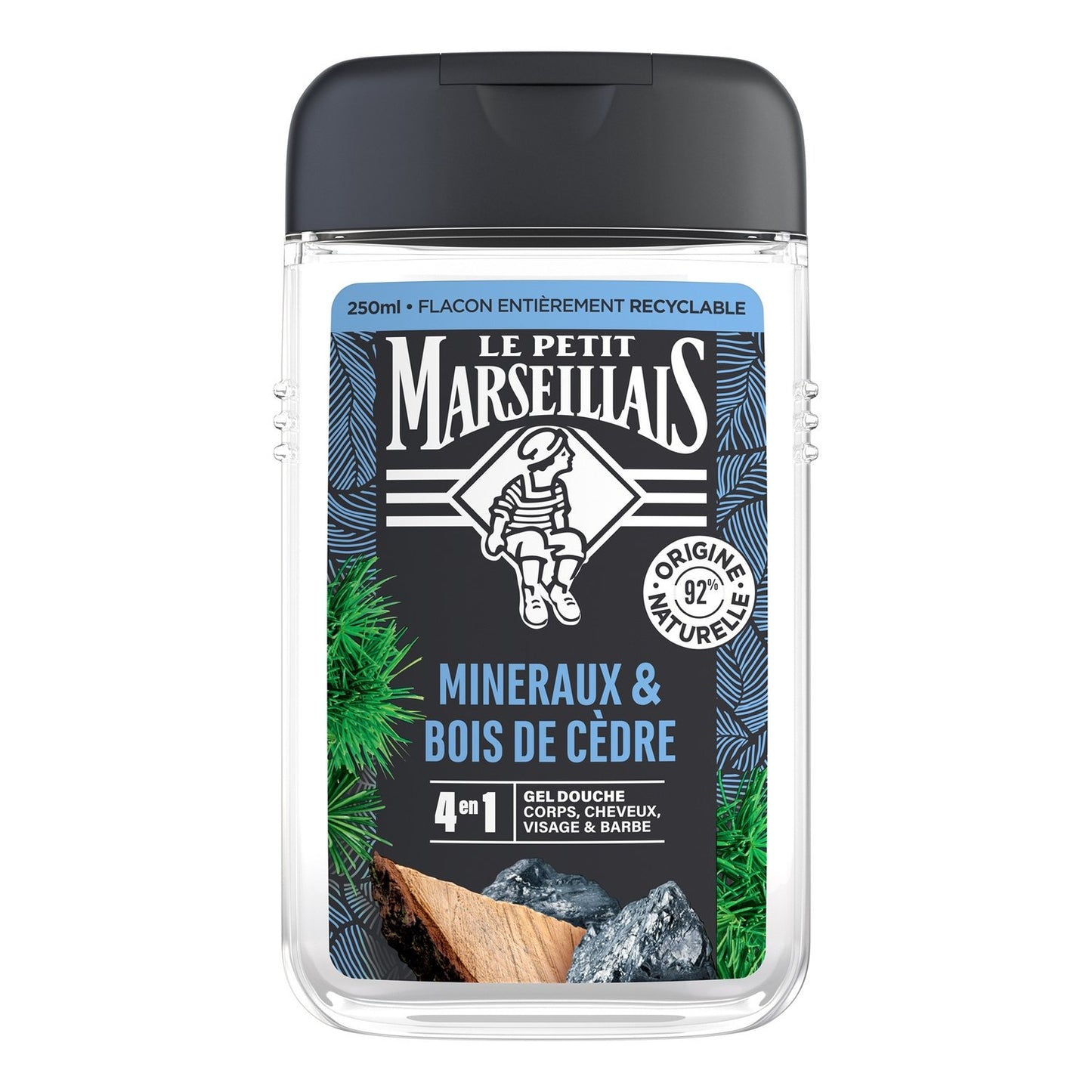 Gel Douche Homme Corps Cheveux Visage Barbe Minéraux et Bois de Cèdre LE PETIT MARSEILLAIS le flacon de 250mL