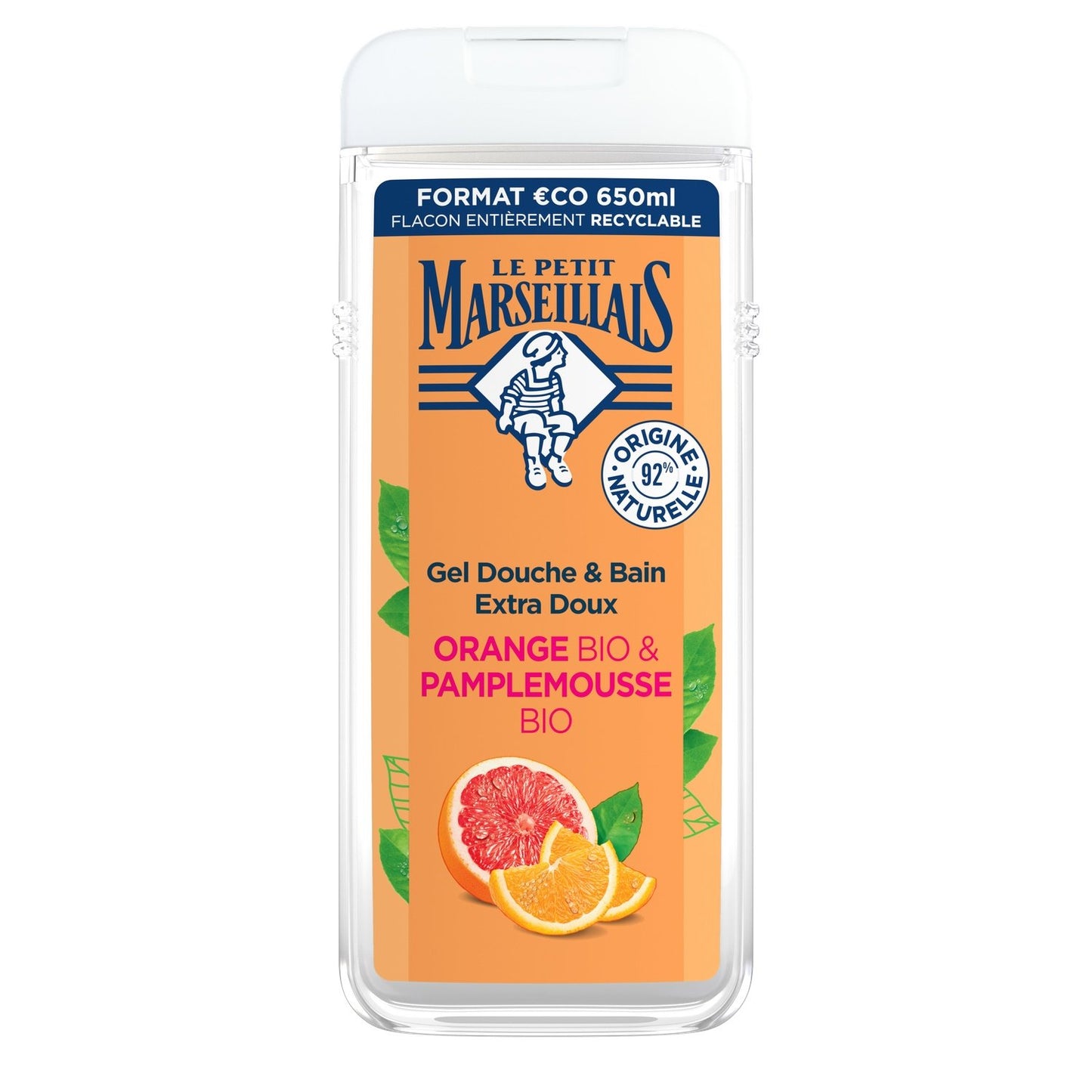 Gel Douche Hydratant Rafraîchissant Orange et Pamplemousse Bio LE PETIT MARSEILLAIS le flacon de 650mL