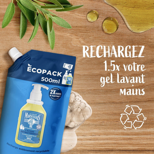 Savon Liquide Recharge Mains Action Anti-Bactérienne à l'Huile Essentielle de Sauge LE PETIT MARSEILLAIS