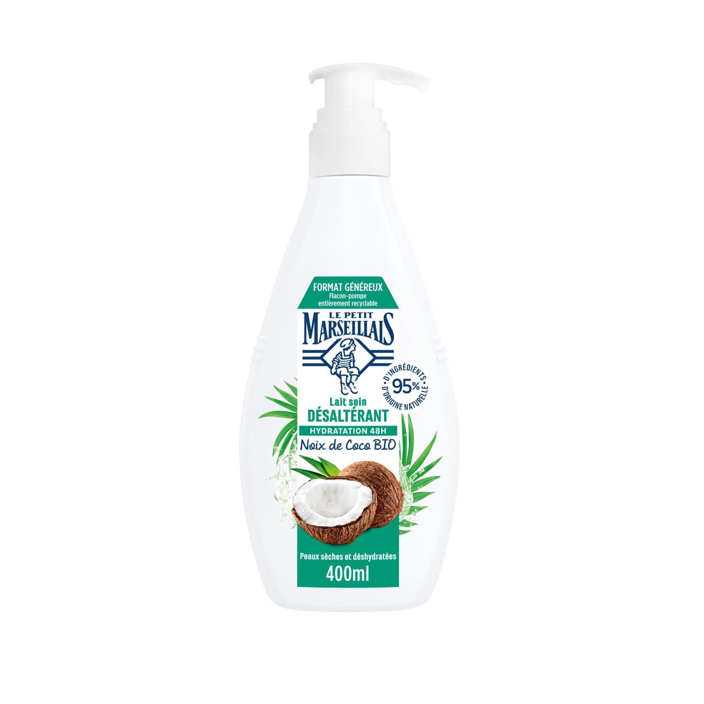 Lait Corps Peau Sèche et Déshydratée Hydratation 48h Noix de Coco Bio LE PETIT MARSEILLAIS le flacon de 400mL