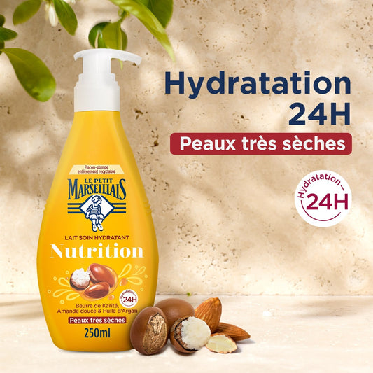 Lait Corps Nutrition Beurre de Karité Argan Peaux Très Sèches Hydratation 24h LE PETIT MARSEILLAIS