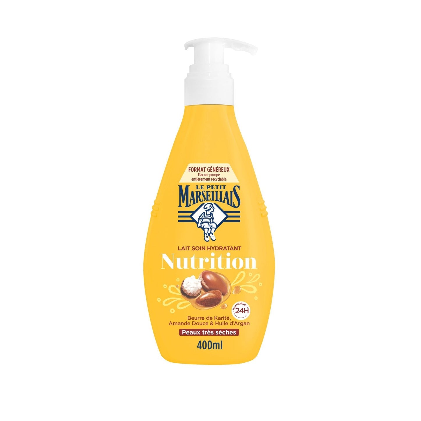 Lait Corps Peau Très Sèche Nutrition Hydratante Beurre de Karité Amande Douce Huile d'Argan LE PETIT MARSEILLAIS le flacon de 400mL