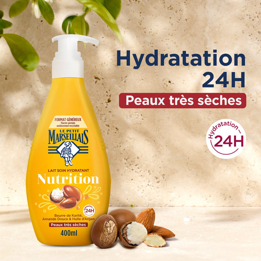 Lait Corps Peau Très Sèche Nutrition Hydratante Beurre de Karité Amande Douce Huile d'Argan LE PETIT MARSEILLAIS