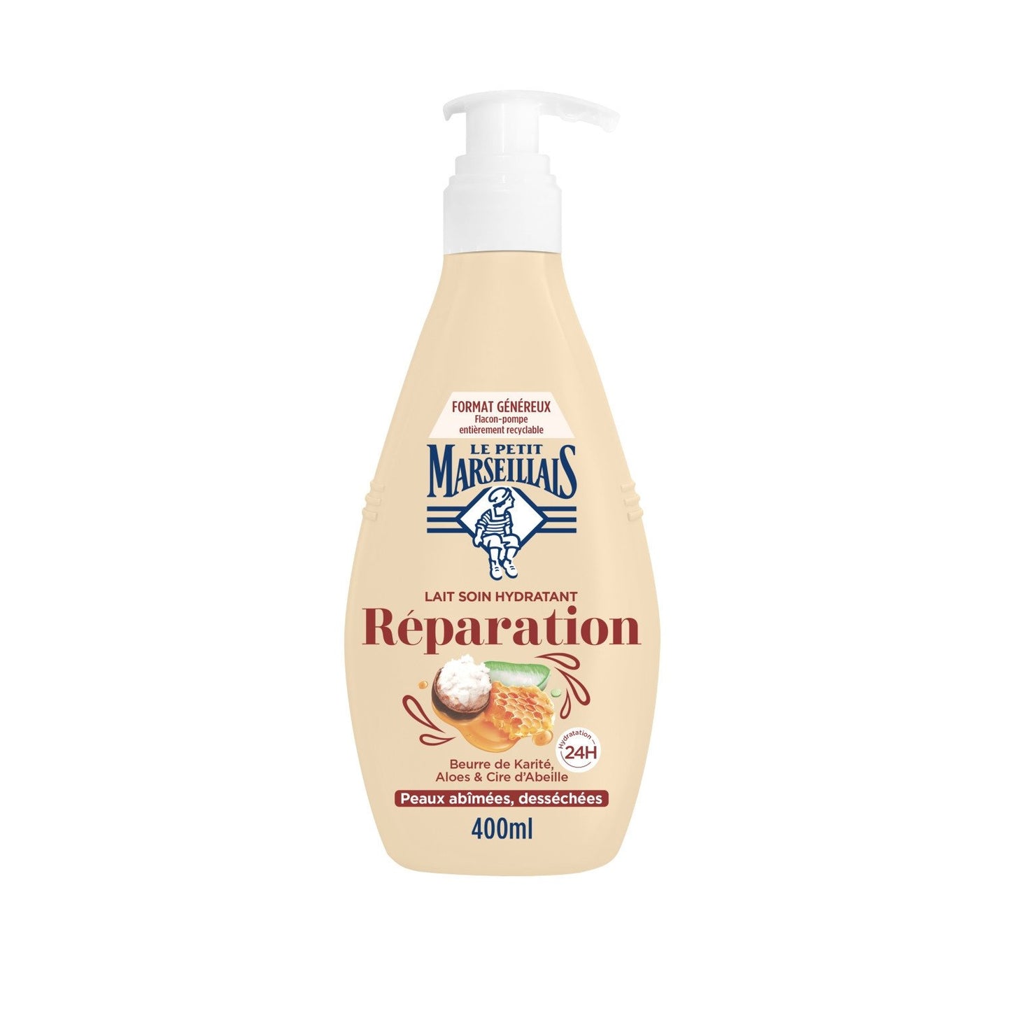 Lait Hydratant Réparation Beurre de Karité Aloes et Cire d'Abeille LE PETIT MARSEILLAIS le flacon de 400mL