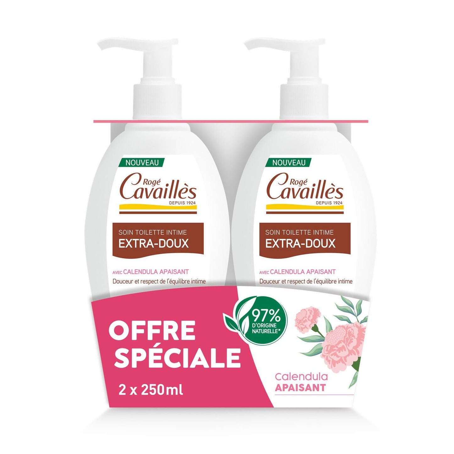Soin Intime Calendula Apaisant Extra-Doux ROGE CAVAILLES le lot de 2 pompes de 250mL
