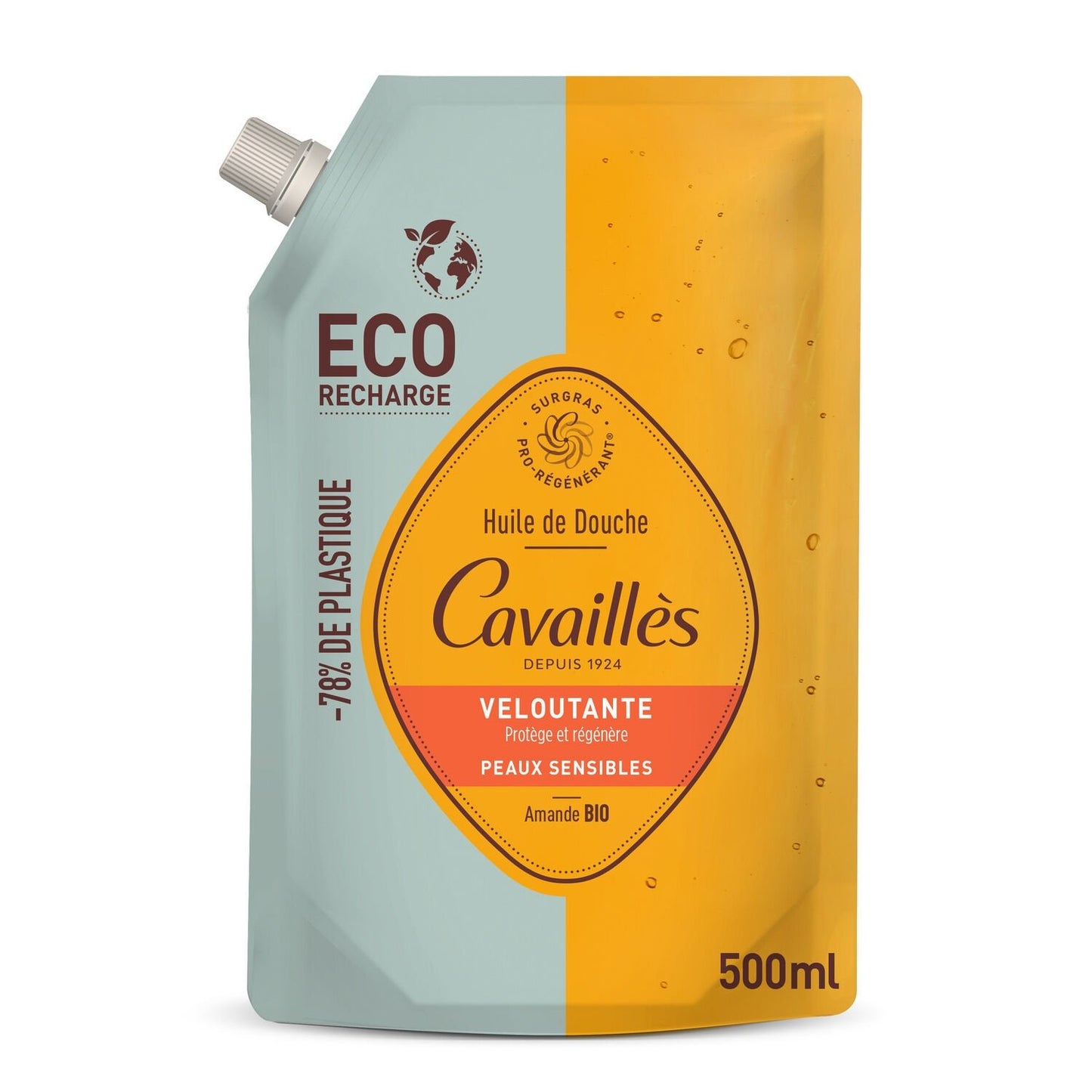 Recharge Huile de Douche Huile Corps Veloutante Amande Protège et Régénère Peaux Sensibles Bio ROGE CAVAILLES la recharge de 500mL