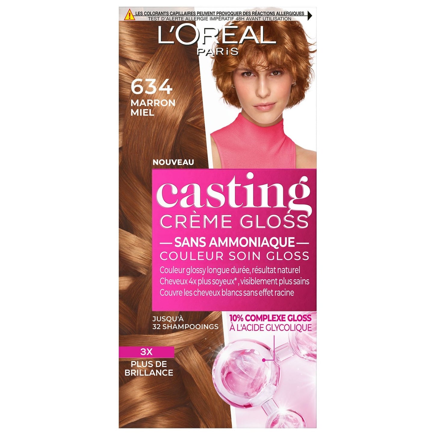 Coloration Ton sur Ton 6. 34 Marron Miel Sans Amoniaque Crème Gloss Casting Crème Gloss L'OREAL PARIS la boîte