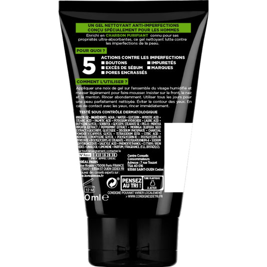 Gel Nettoyant Homme Multi-Purifiant Purifiant au Charbon Peaux à Imperfections Men Expert L'OREAL PARIS
