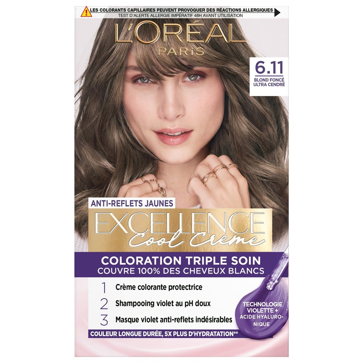 Coloration 6. 11 Blond Foncé Ultra Cendré Triple Soin Anti-Reflets Jaunes Excellence L'OREAL PARIS la boîte