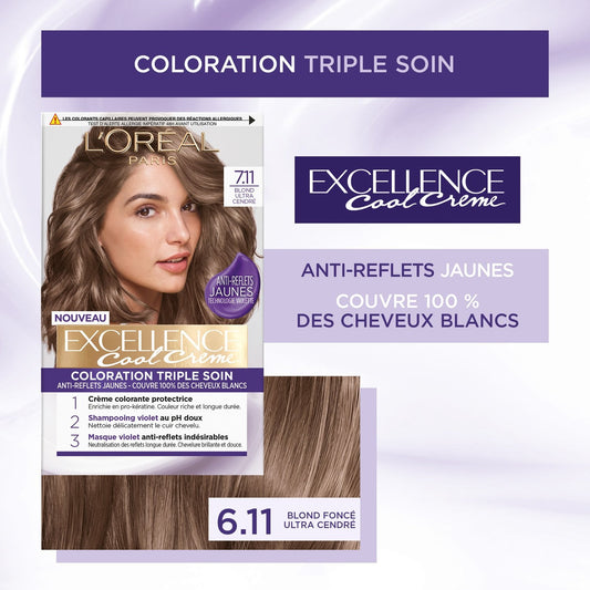 Coloration Permanente 7. 11 Blond Ultra Cendré Triple Soin Couvre 100% Cheveux Blancs Excellence L'OREAL PARIS