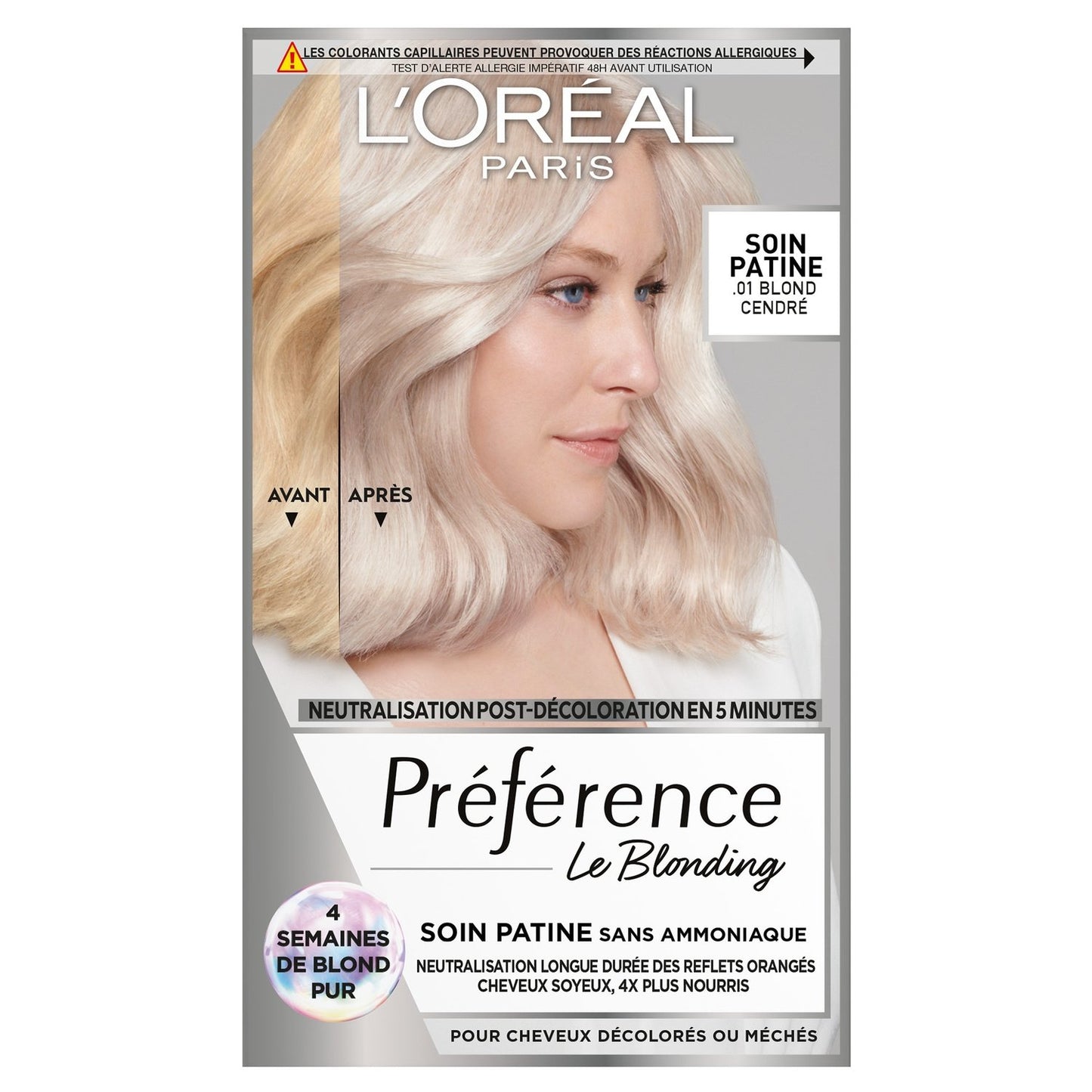Coloration Permanente Blond Cendré 01 Soin Patine Post-Décoloration Neutralisation Longue Durée Préférence L'OREAL PARIS la boite