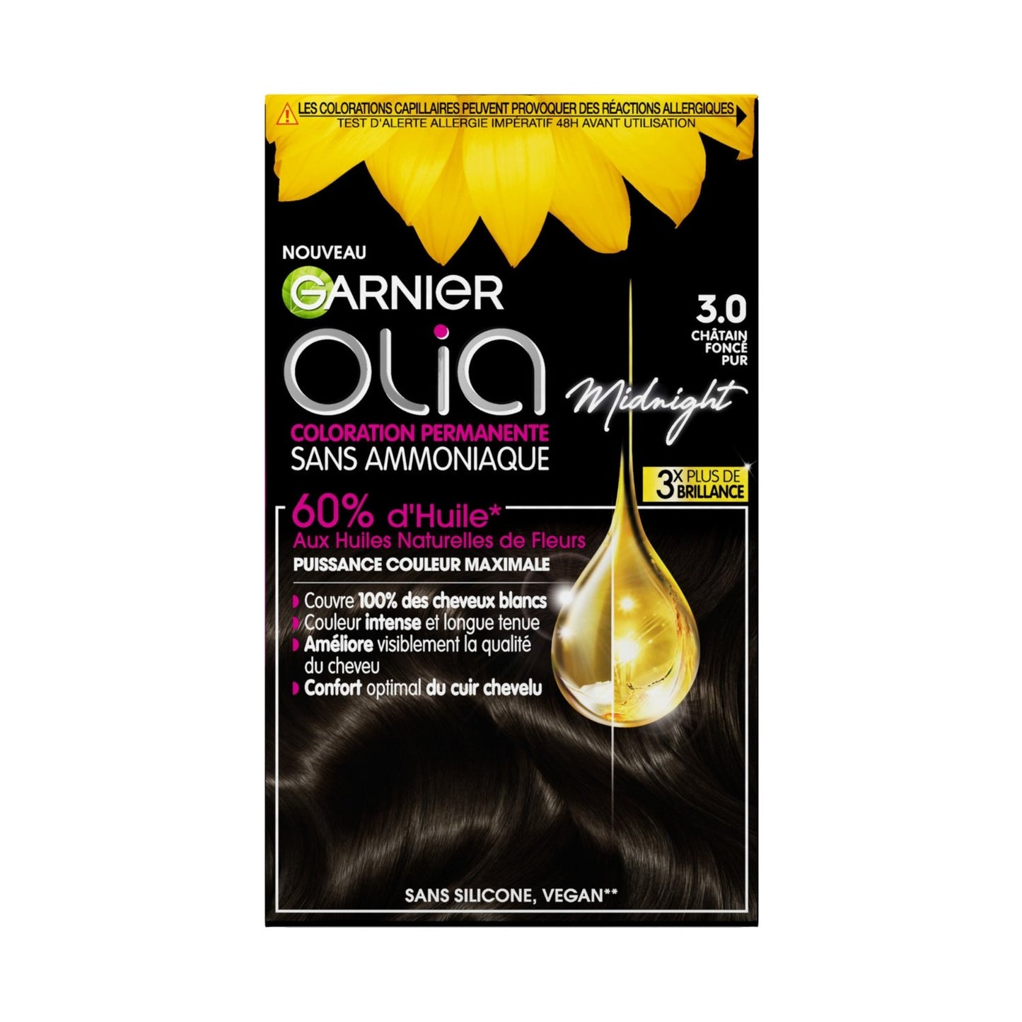Coloration Permanente Sans Amoniaque 3. 0 Châtain Foncé Pur Olia GARNIER la boîte de coloration