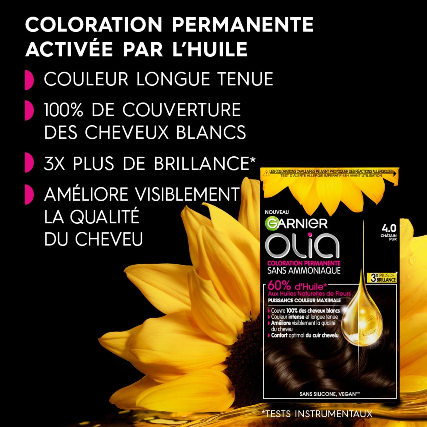 Coloration Permanente 4. 0 Châtain Pur Sans Ammoniaque Activée par l'Huile Olia GARNIER