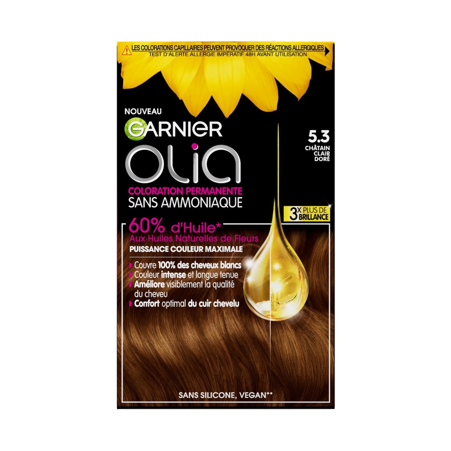 Coloration Permanente 5. 3 Châtain Clair Doré Sans Ammoniaque Olia GARNIER la boîte de coloration