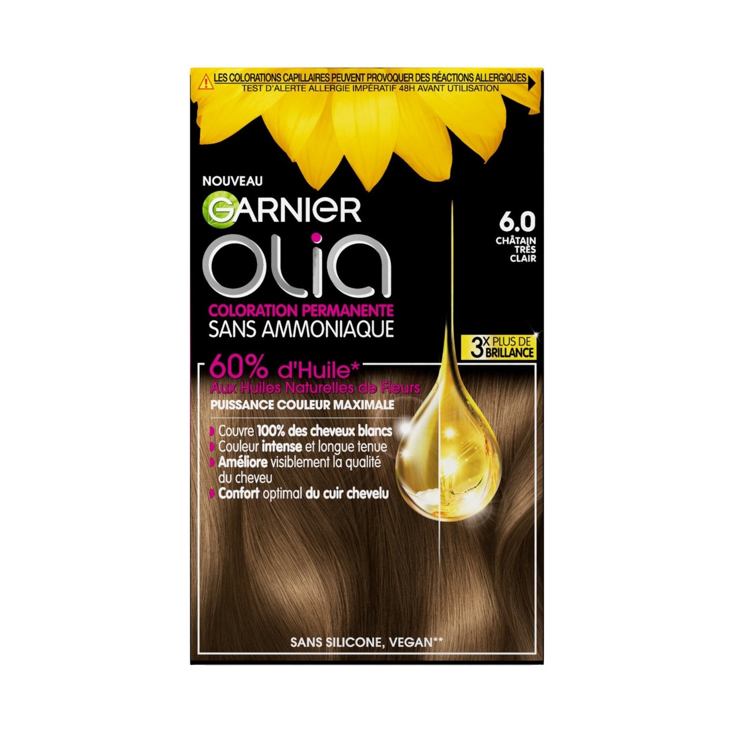 Coloration Permanente 6. 0 Châtain Très Clair Sans Ammoniaque Activée par l'Huile Couvre 100% Cheveux Blancs Olia GARNIER la boîte de coloration