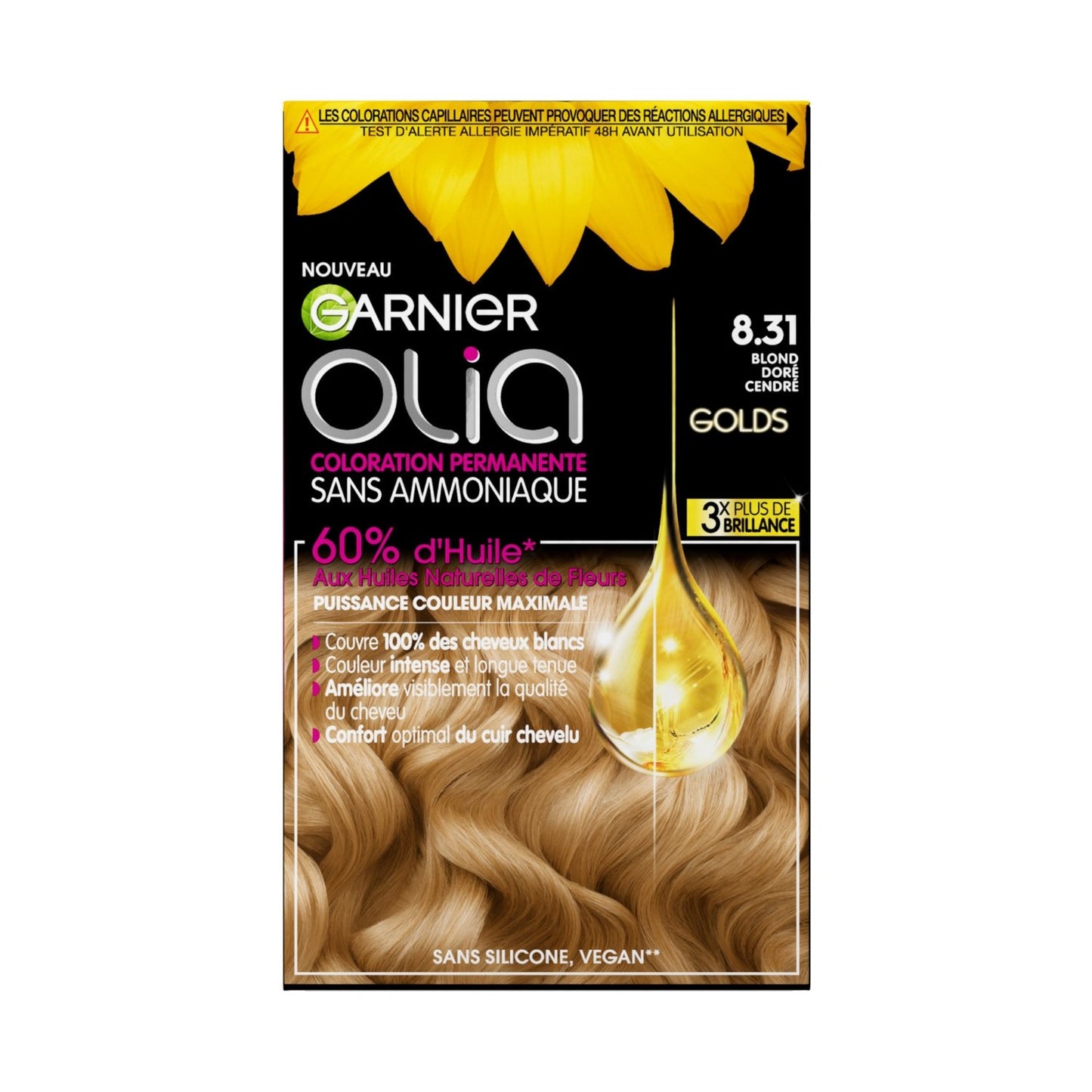 Coloration Permanente Sans Amoniaque 8. 31 Blond Doré Cendré Activée par l'Huile Olia GARNIER la boîte