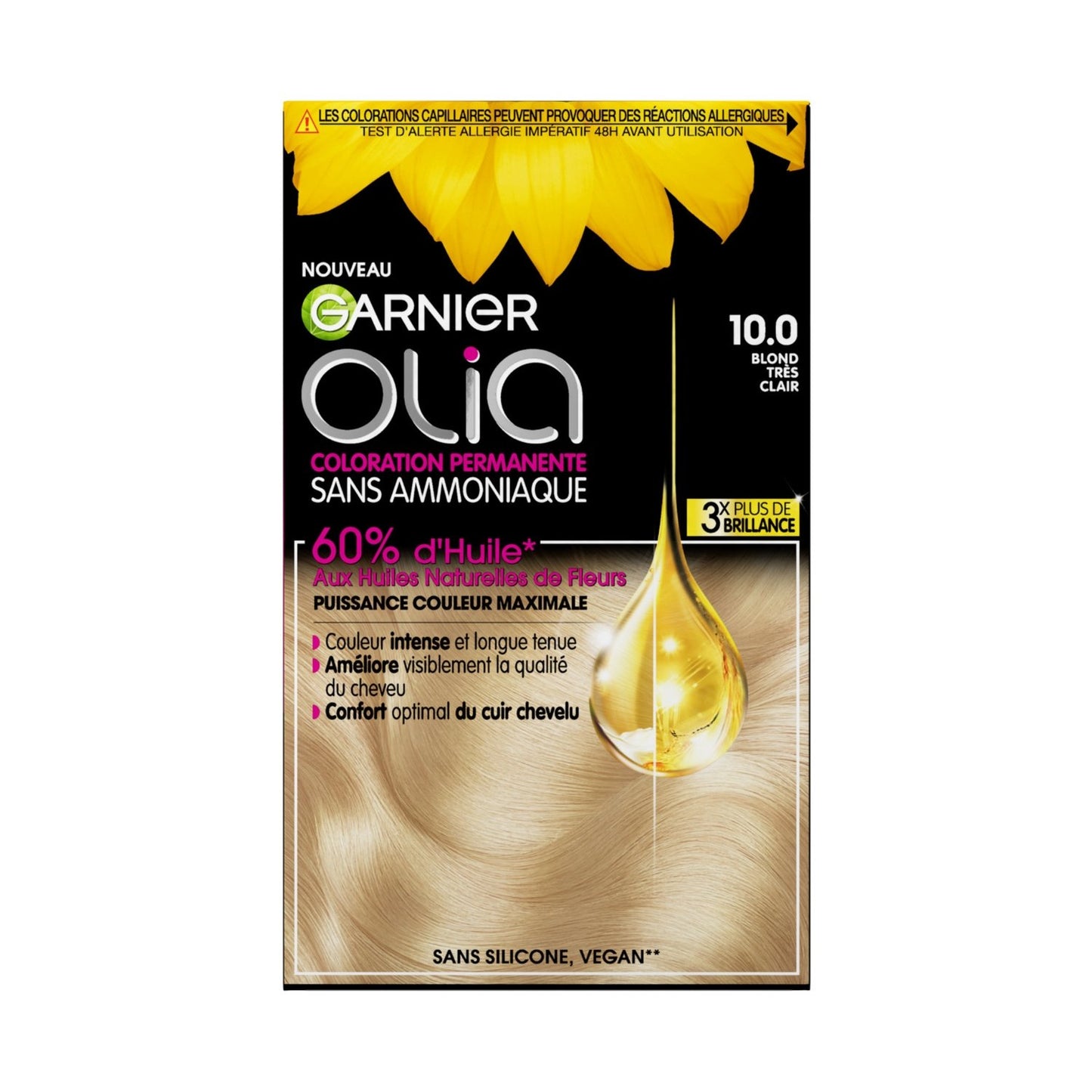 Coloration Permanente Sans Amoniaque 10. 0 Blond Très Clair Brillance Longue Durée Olia GARNIER la boîte