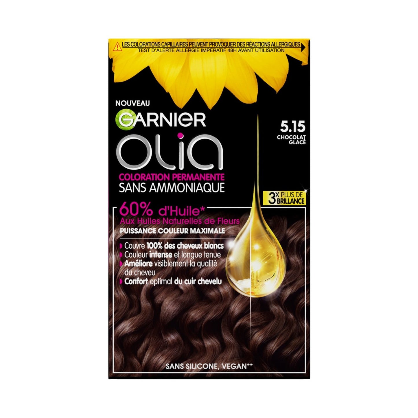 Coloration Permanente Sans Amoniaque 5. 15 Chocolat Glacé Activée par l'Huile Olia GARNIER la boîte