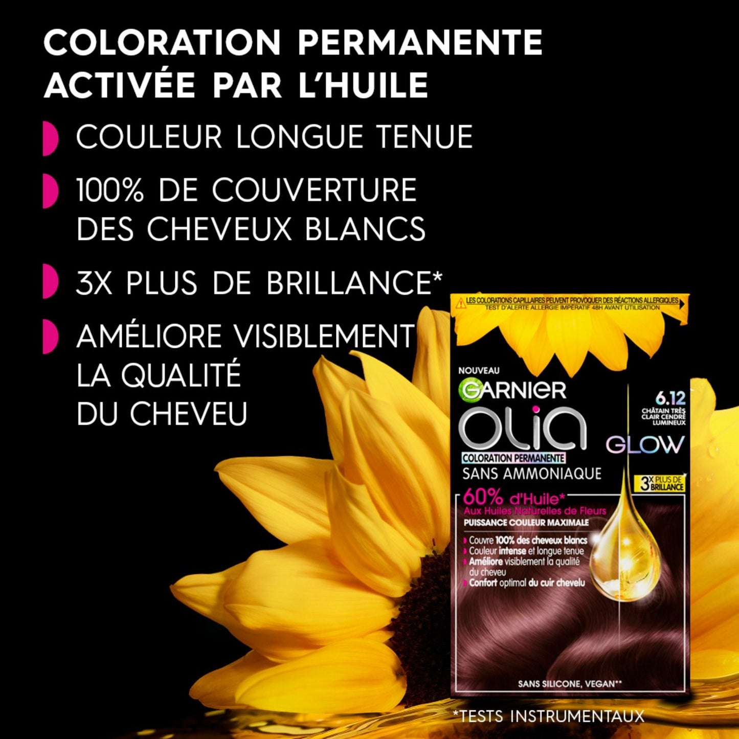 Coloration Permanente 6. 12 Châtain Très Clair Cendré Lumineux Sans Ammoniaque Glow Olia GARNIER