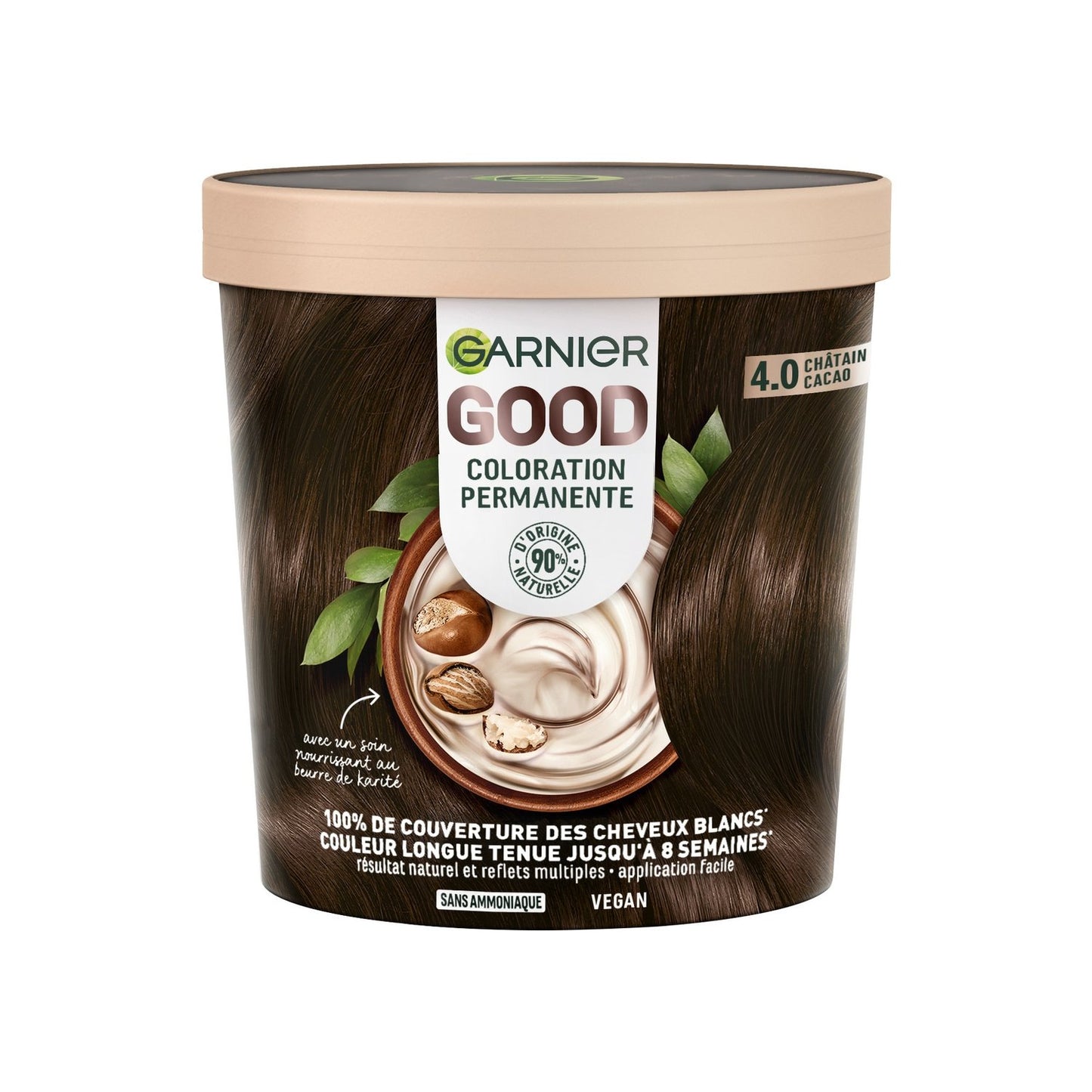 Coloration Permanente 4. 0 Châtain Cacao Sans Ammoniaque 90% d'Ingrédients d'Origine Naturelle Good GARNIER la boite
