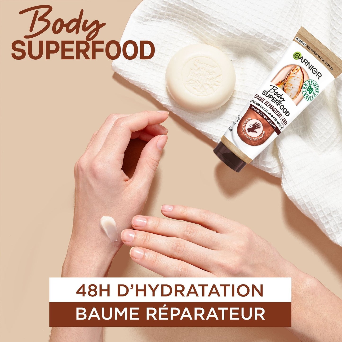 Crème Main Extra Sèches Réparatrice 48h Beurre de Cacao + Céramide Body Superfood GARNIER