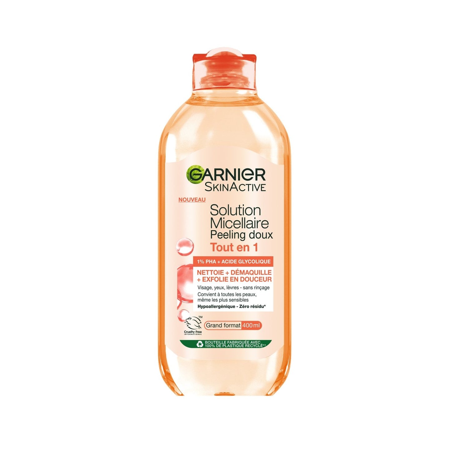Eau Micellaire Peeling Doux Tout en 1 Nettoie + Démaquille + Exfolie en Douceur GARNIER SKINACTIVE le flacon de 400mL