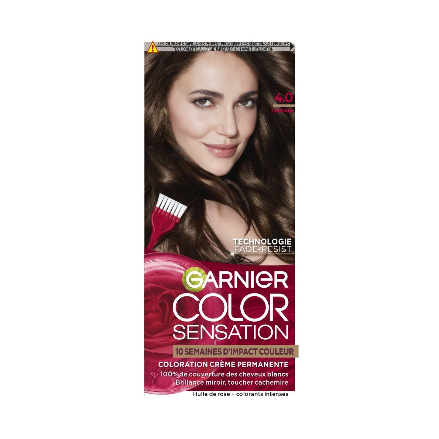 Coloration Permanente 4. 0 Châtain Couvre 100% Cheveux Blancs Fade-Resist Color Sensation GARNIER la boite