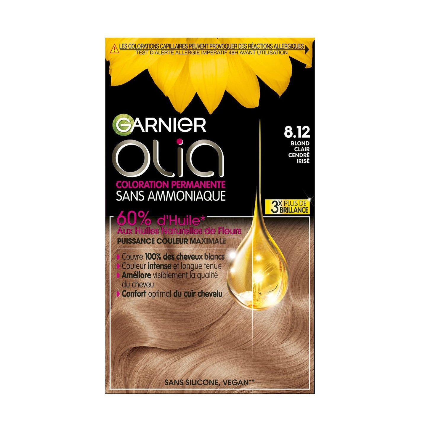 Coloration 8. 12 Blond Clair Cendré Irisé Sans Ammoniaque Vegan Olia GARNIER la boite de coloration