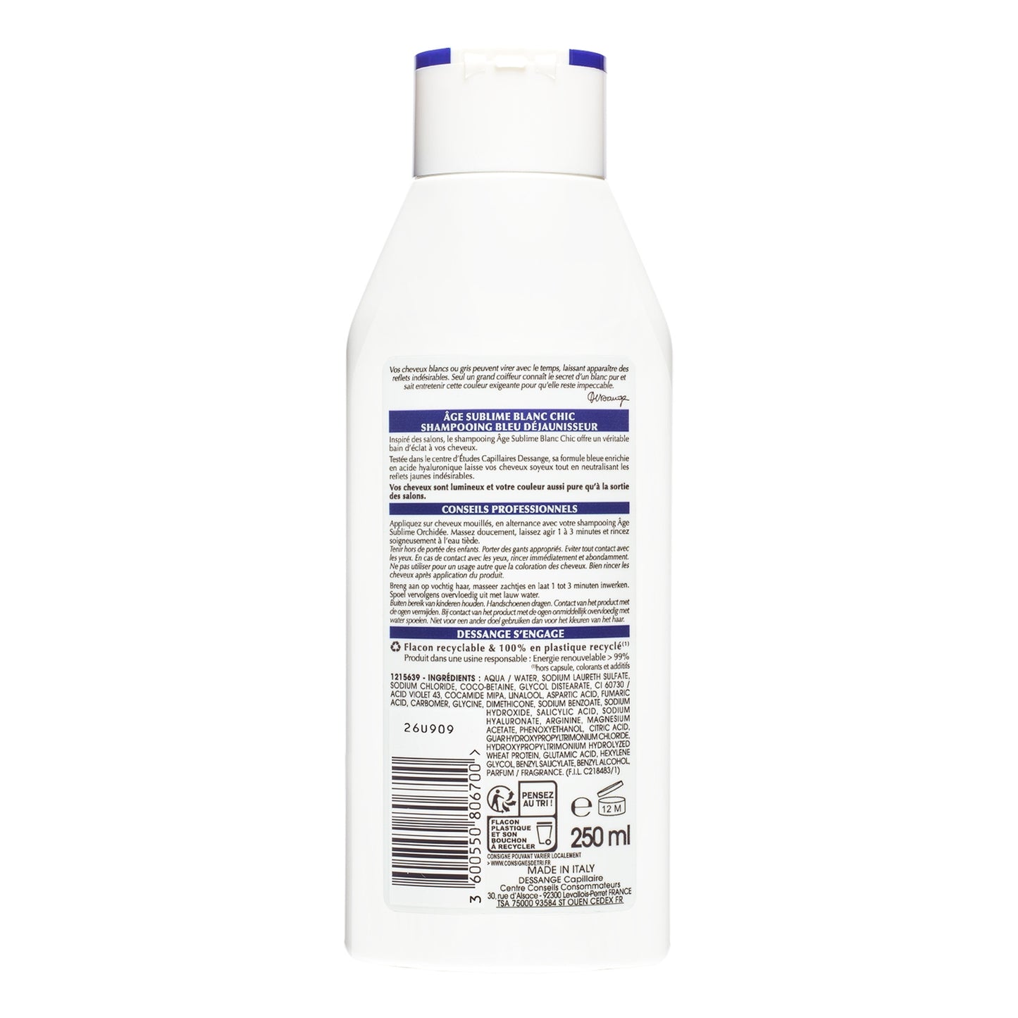 Shampoing Déjaunisseur Cheveux Blancs et Gris Acide Hyaluronique DESSANGE