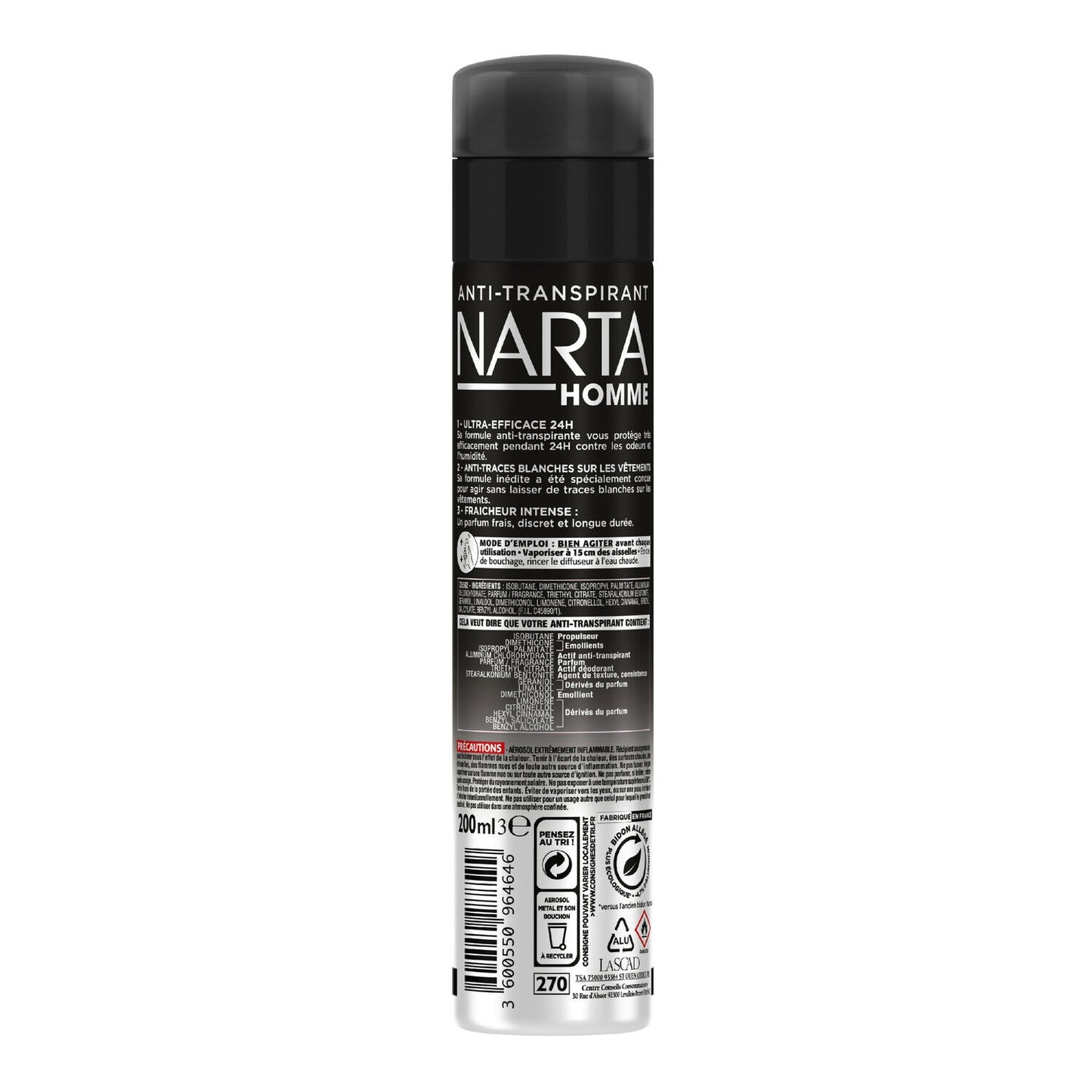 Déodorant Homme 24h Fraîcheur Intense Anti-Traces Invisimax NARTA