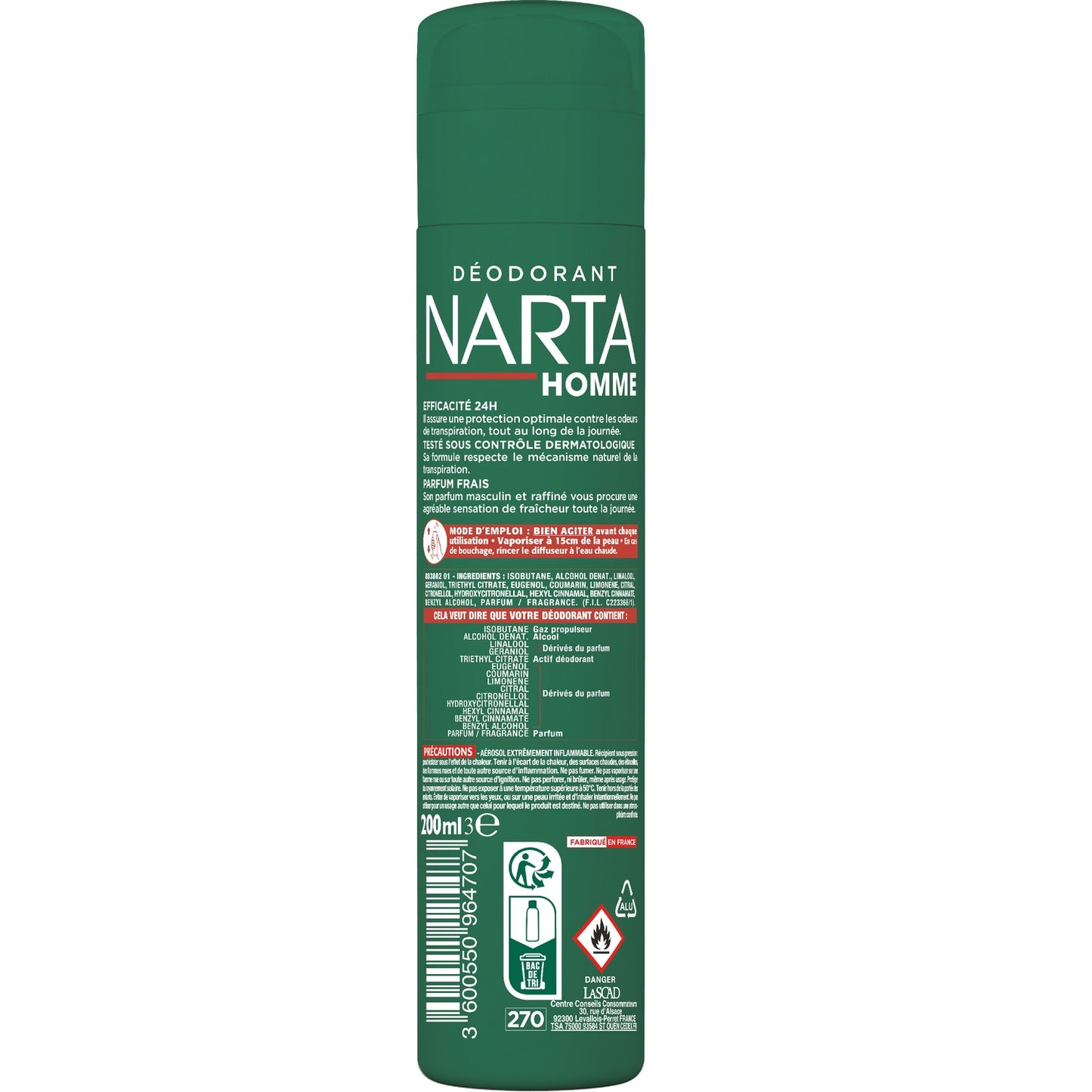 Déodorant Homme 24h Fraîcheur Classique Sans Sel d'Aluminium NARTA