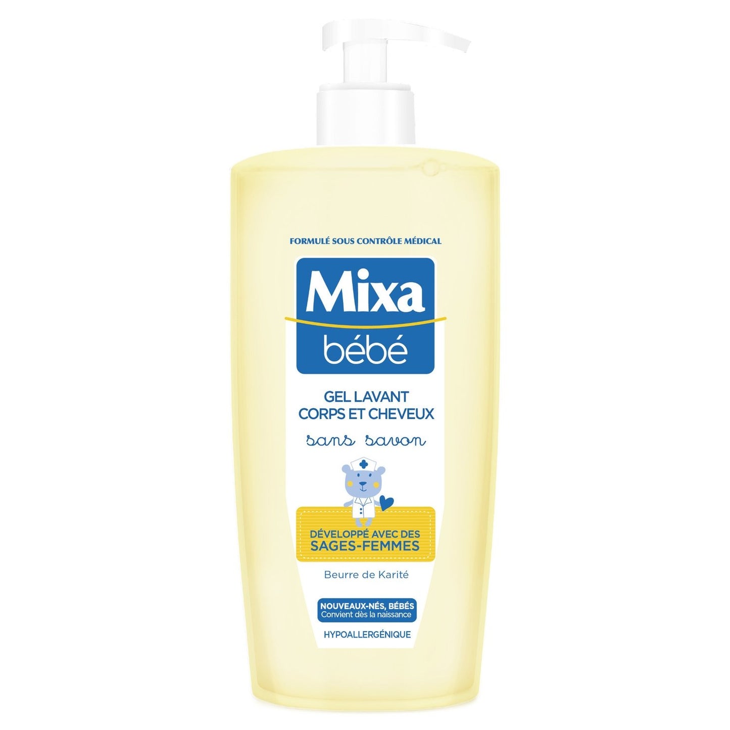 Gel Douche Bébé Corps et Cheveux Sans Savon Hypoallergénique MIXA BEBE la pompe de 750mL