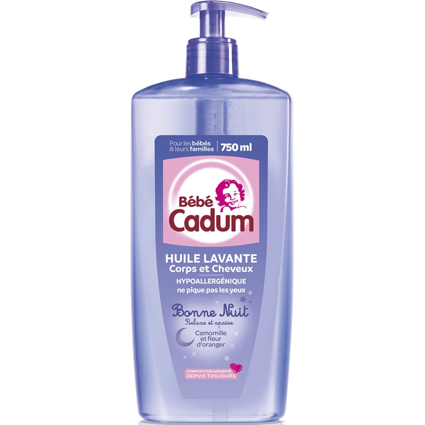 Huile Lavante Bébé Corps et Cheveux Hypoallergénique Camomille et Fleur d'Oranger Bonne Nuit CADUM le flacon de 750mL