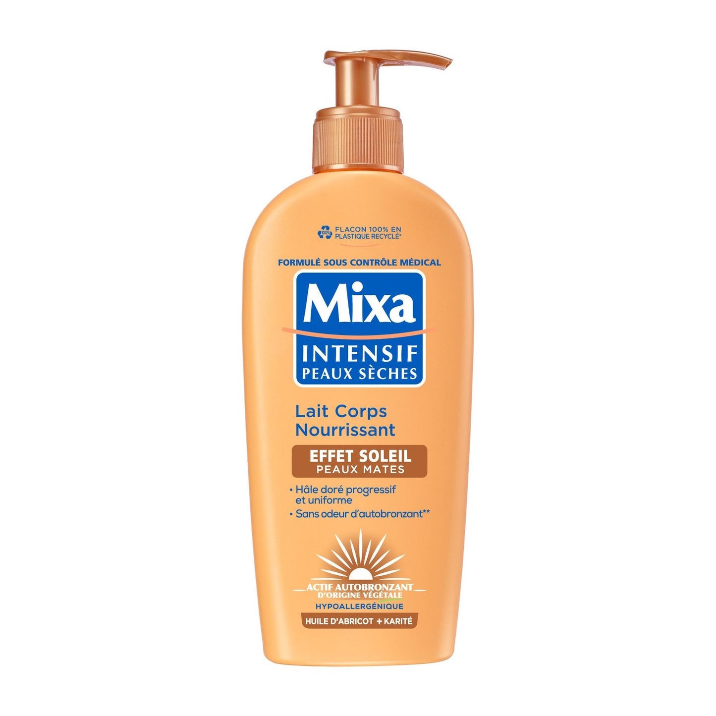 Lait Nourrissant Effet Soleil Peaux Mates Huile d'Abricot et Karité MIXA la pompe de 250mL