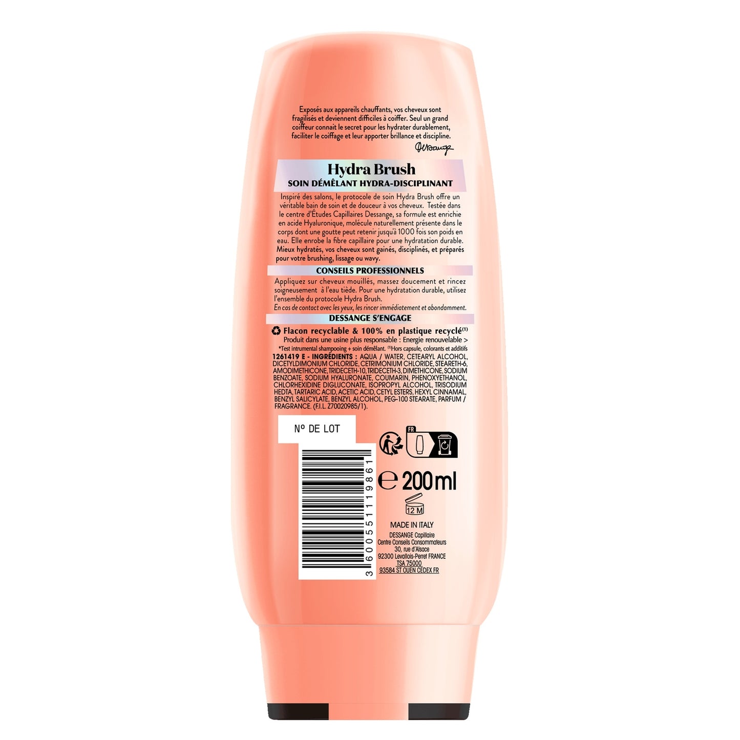 Après-Shampoing Hydratant Démêlant Cheveux Indisciplinés Acide Hyaluronique Hydra Brush Sans Silicone DESSANGE