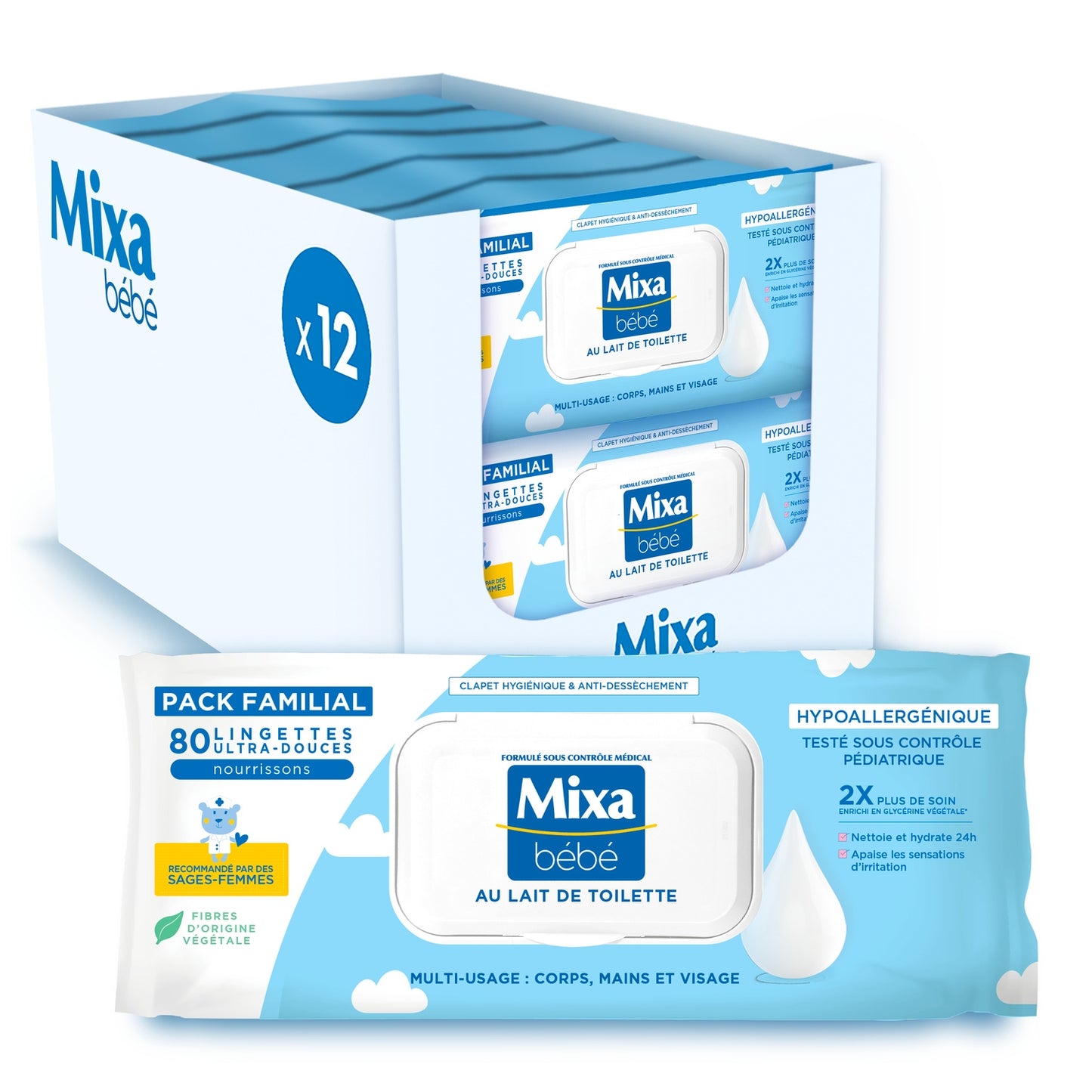 Lingettes Bébé au Lait de Toilette Hypoallergénique MIXA