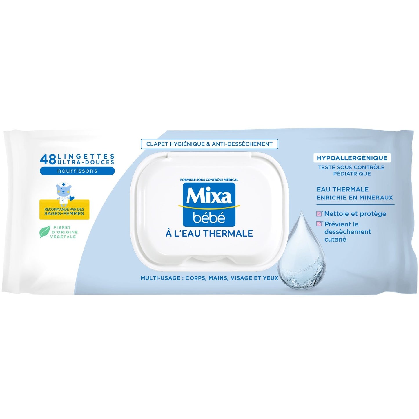Lingettes Bébé Nettoyantes Visage et Corps A l'Eau Thermale Hypoallergénique MIXA le sachet de 48 lingettes