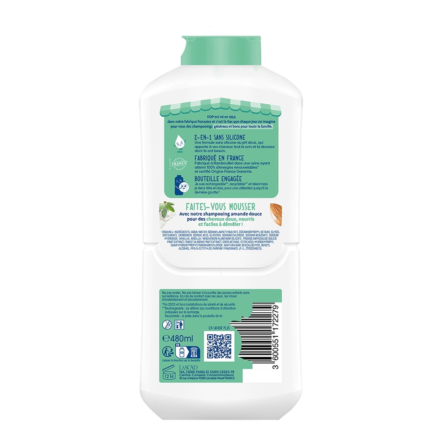 Shampoing 2en1 Démêlant Amande Douce pour Tous Types De Cheveux Sans Silicone DOP